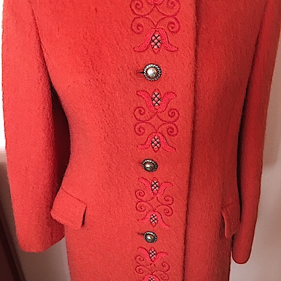 Vintage 1940 50 Austrian Loden Burnt orange wool Mohair Embroidered Long Coat - Picture 7 of 17